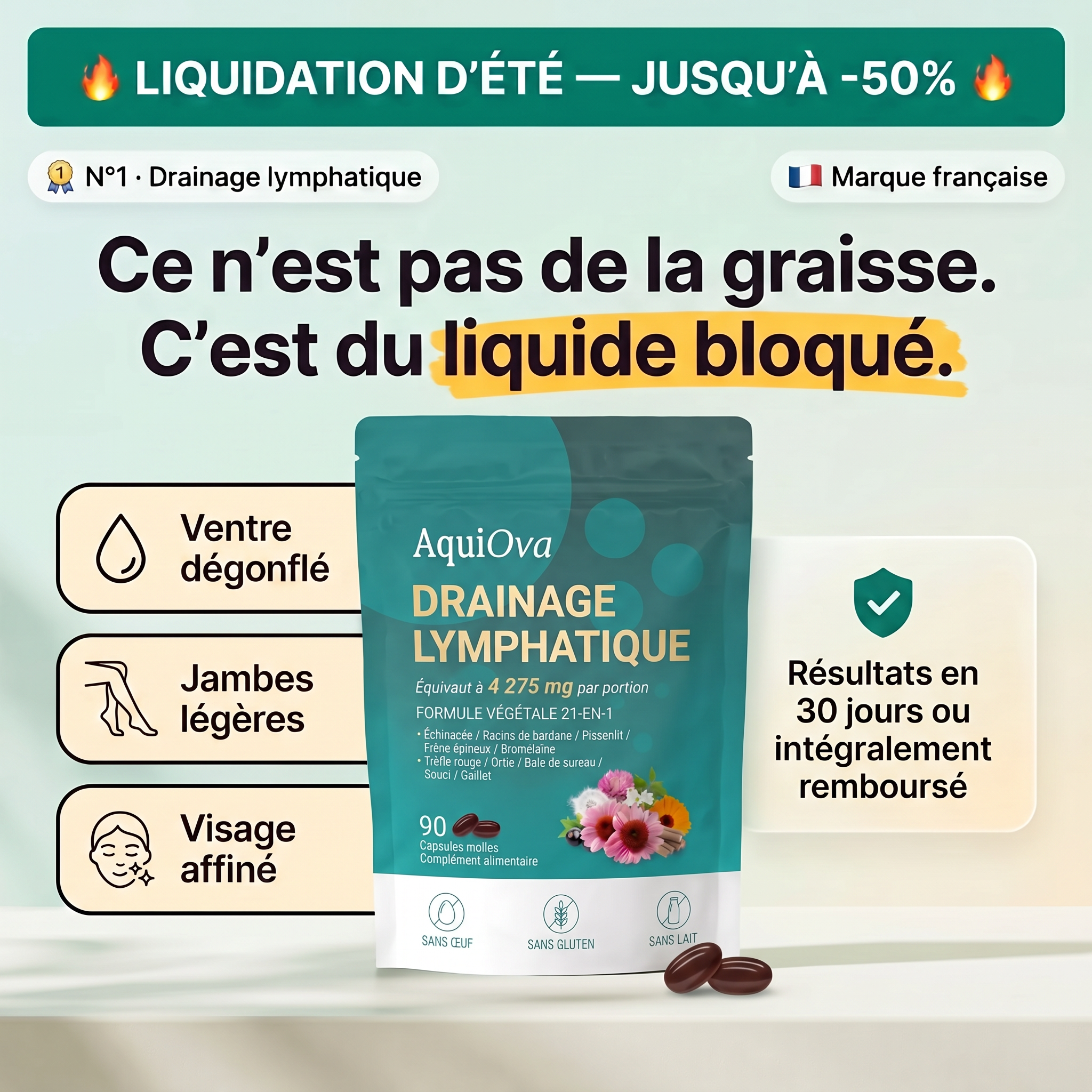 Aquiova drainage lymphatique femme - ancien packaging - ce n'est pas de la graisse c'est du liquide bloqué